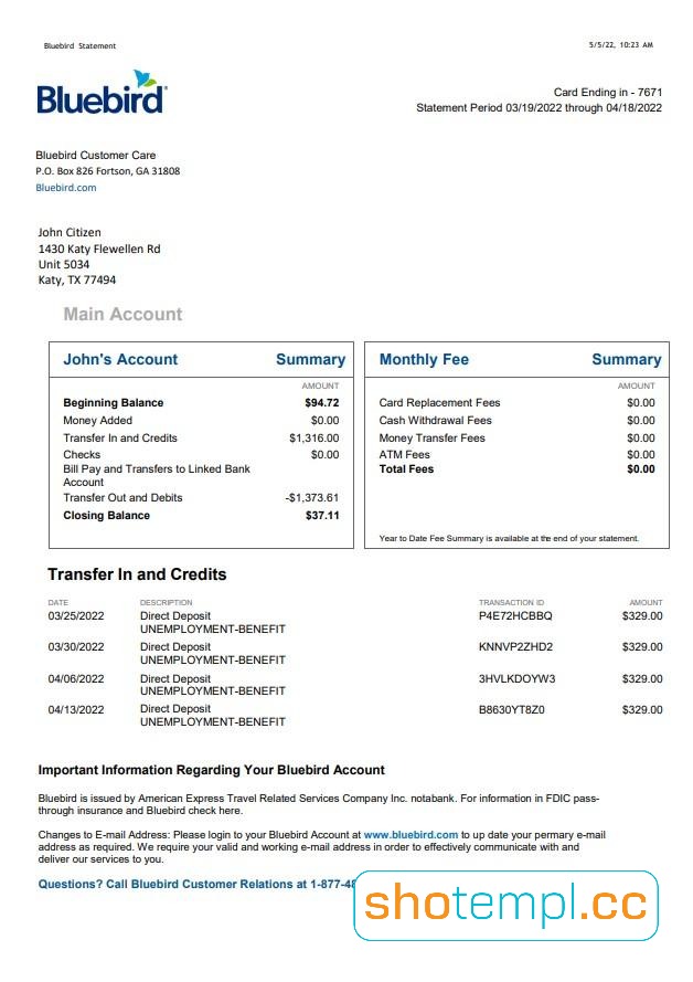 Bluebird Bank Statement PDF Templates